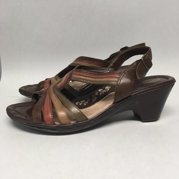 Bass Juliana 9M Leather Strappy Medium Wedge Brown Rust Green Tan EUC - Picture 3 of 7